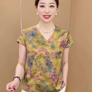 夏 改良旗袍式短袖印花小衫新中式V领复古花缎面百搭温婉国风上衣