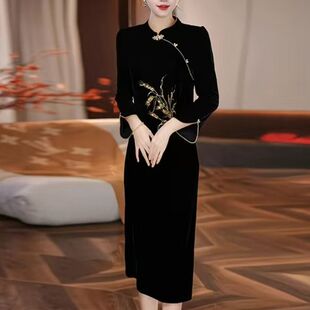 假两件改良优雅旗袍裙 遮肚子连衣裙高级卡丹绒新中式 2025秋季 新款