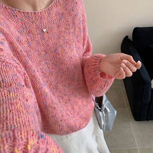 韩系彩点杂线针织毛衣女秋宽松慵懒风圆领镂空软糯套头上衣