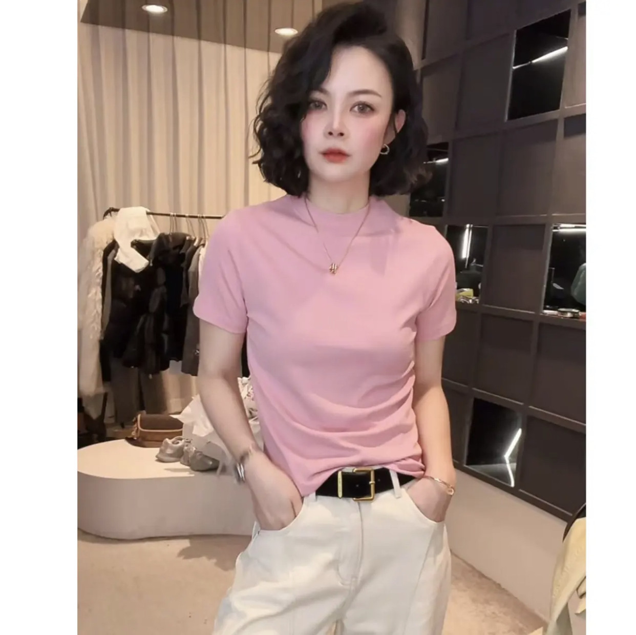 2025早春新款短袖t恤女正肩白色夏季圆领上衣服修身体恤打底衫潮