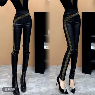 时尚 涂层皮保暖长裤 原创设计烫钻小脚裤 显瘦加绒皮裤 女 修身 冬新款