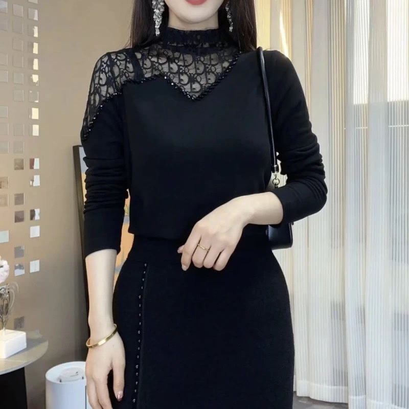 秋冬装加绒加厚双面德绒蕾丝打底衫女内搭洋气半高领百搭羊绒上衣