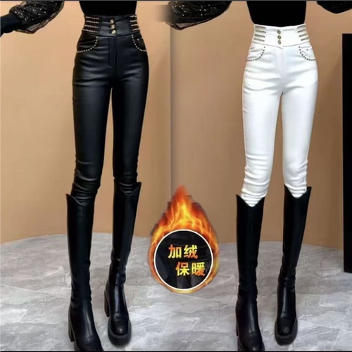 亮钻加绒加厚保暖皮裤女2025秋冬款百搭显瘦涂层皮小脚铅笔裤外穿
