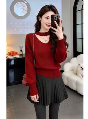 红色亮丝挂脖v领毛衣女款2026新款冬季内搭打底亮闪闪针织衫上衣