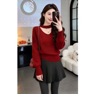 红色亮丝挂脖v领毛衣女款2026新款冬季内搭打底亮闪闪针织衫上衣