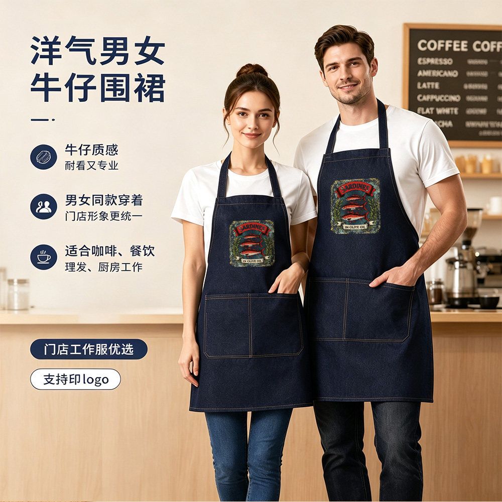 复古卡通牛仔围裙男女同款个性耐穿咖啡餐饮门店专业工作服优选