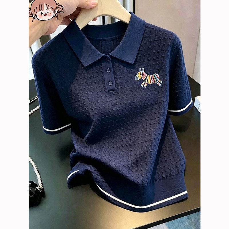 夏季薄款刺绣POLO翻领冰丝针织衫短袖T恤女大码胖mm洋气减龄上衣