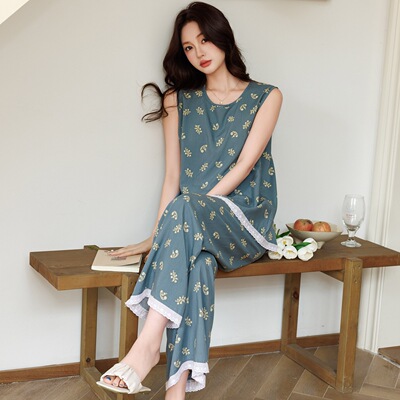 夏季薄款无袖睡衣女棉绸碎花花边阔腿裤宽松凉感家居服可外穿套装
