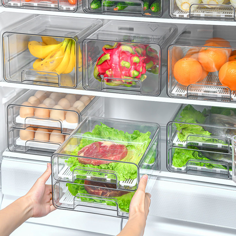 冰箱专用收纳盒水果蔬菜沥水储物盒双层抽屉式可叠加鸡鸭蛋保鲜盒