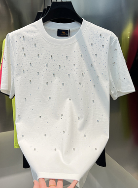 2025夏季新款男士时尚百搭重工圆领T恤短袖烫钻潮流半袖品质男装