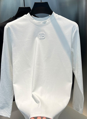 2024年秋冬新款男士商务气质刺绣时尚百搭长袖打底衫T恤厚男装