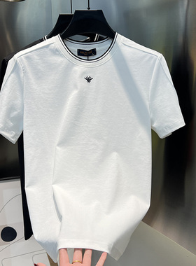 2025春夏男士新款圆领T恤百搭拼接夏季半袖时尚刺绣休闲简约男装