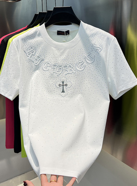 2025年春夏新款男士时尚短袖高品质圆领轻奢烫钻潮流男装半袖T恤