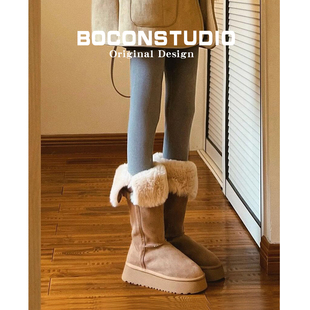 内增高7cm~厚底毛毛雪地靴女冬季加绒保暖高筒皮带扣内增高棉靴女