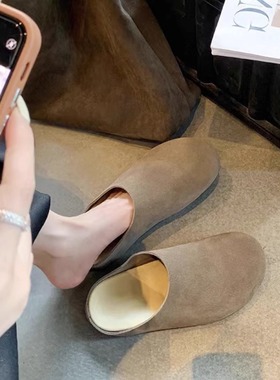 真皮勃肯鞋女2025新款懒人包头拖鞋女外穿一脚蹬厚底博肯鞋半拖鞋
