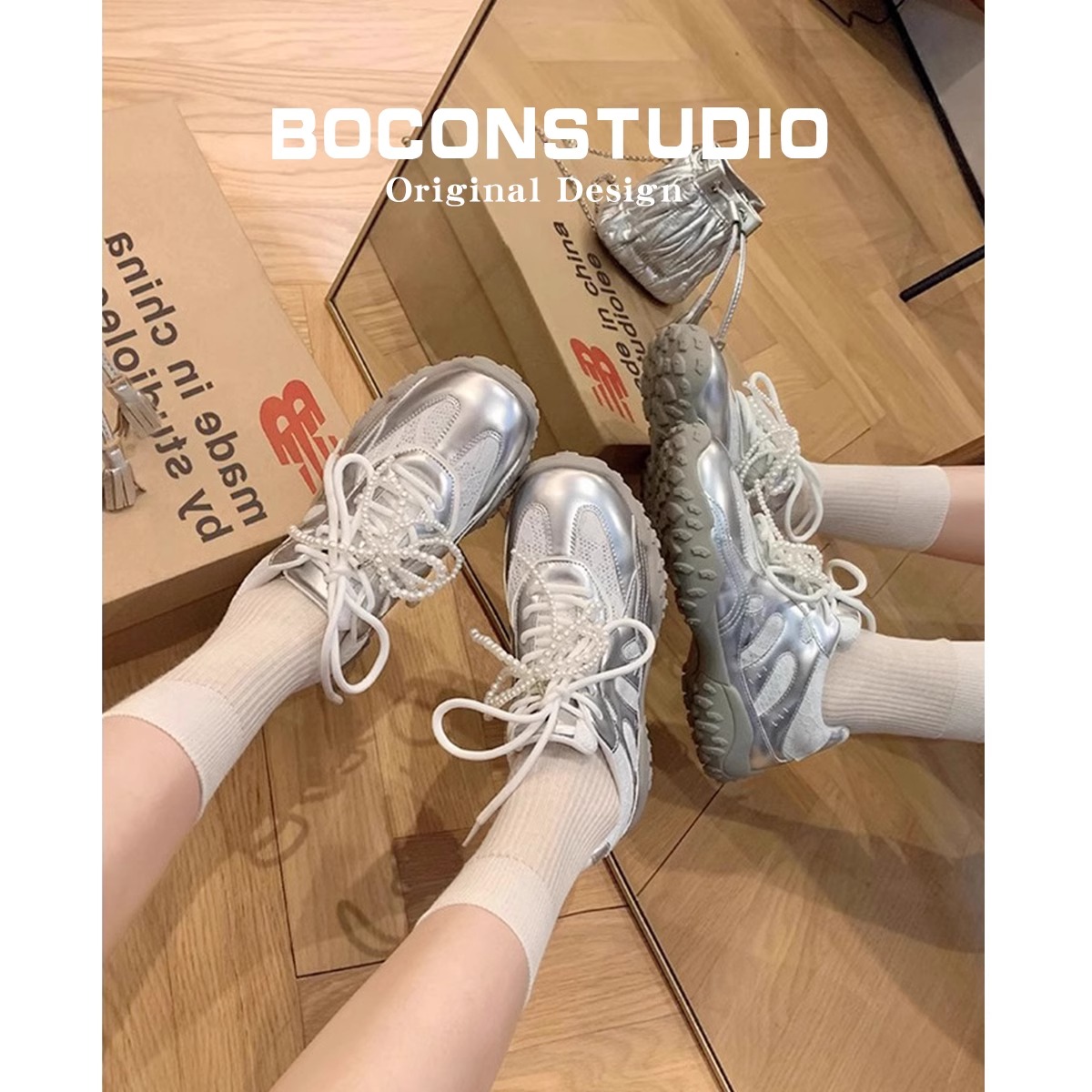 蕾丝珍珠~德训鞋女内增高银色百搭运动休闲鞋真皮月牙底阿甘鞋