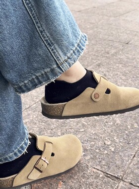 真软木版！真皮勃肯鞋女春秋厚底拖鞋女夏外穿一脚蹬男款全包博肯