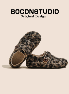 豹纹勃肯鞋女2025新款秋冬加绒保暖棉鞋全包毛毛鞋百搭复古单鞋女