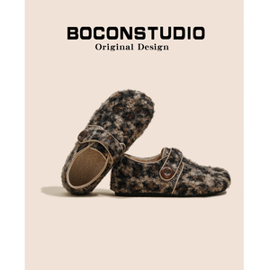 豹纹勃肯鞋女2025新款秋冬加绒保暖棉鞋全包毛毛鞋百搭复古单鞋女