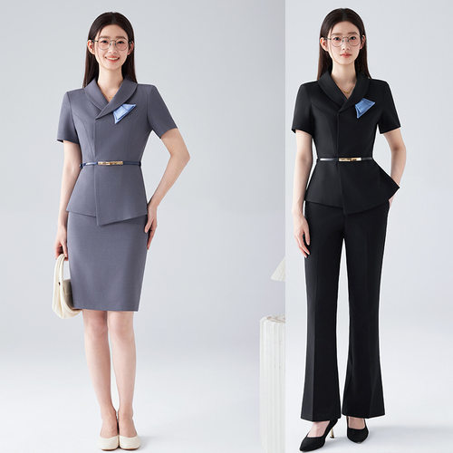 短袖职业西装套装女夏季薄款酒店前台接待工装美容院售楼部工作服