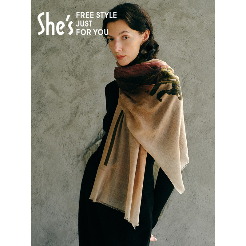 shes茜子自然复刻蝶衣优雅印花羊毛羊绒围巾轻薄保暖披肩女高级感