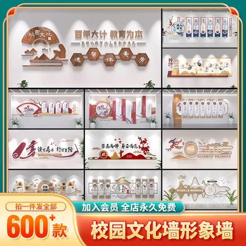 600款校园文化墙设计素材中小学校走廊图书室形象背景CDR/AI模板