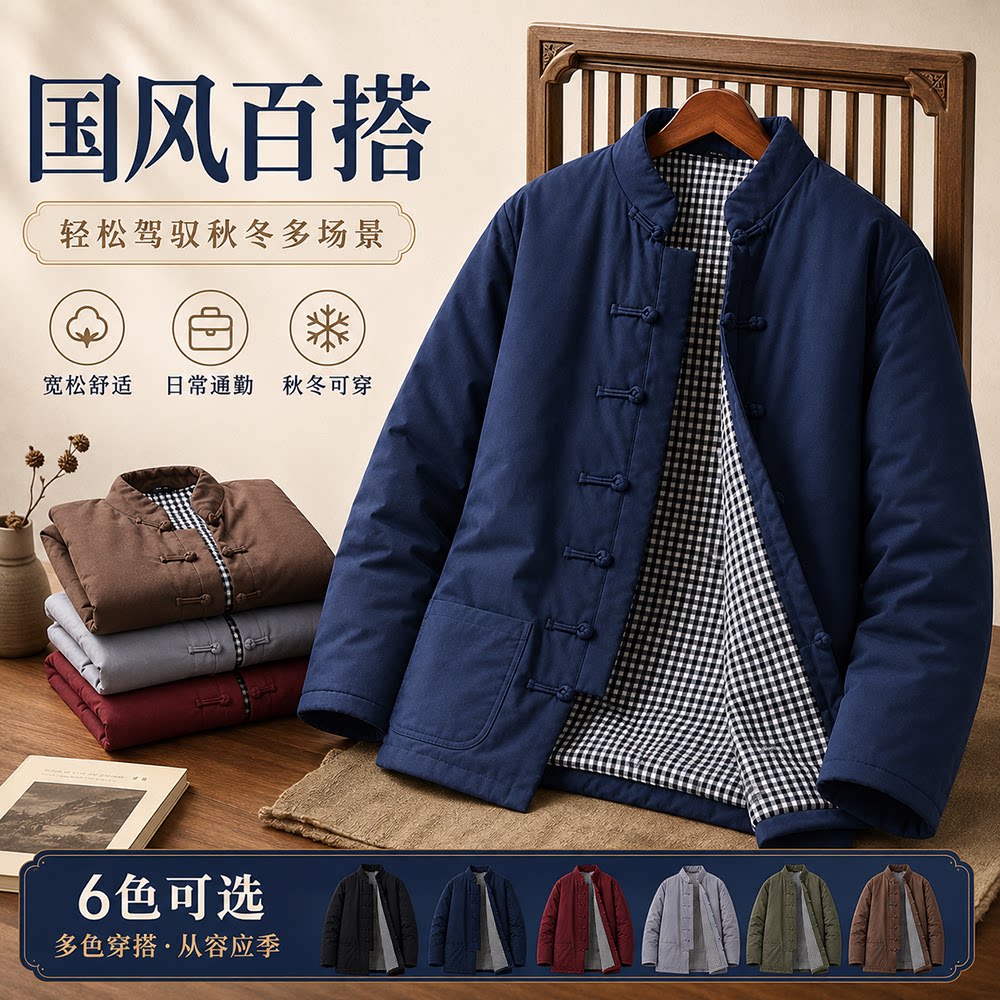 新中式唐装男装立领盘扣棉衣中老年保暖外套中国风棉服棉袄冬季