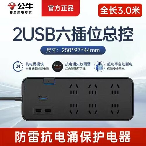 公牛抗电涌插座GN-H306U双USB3米