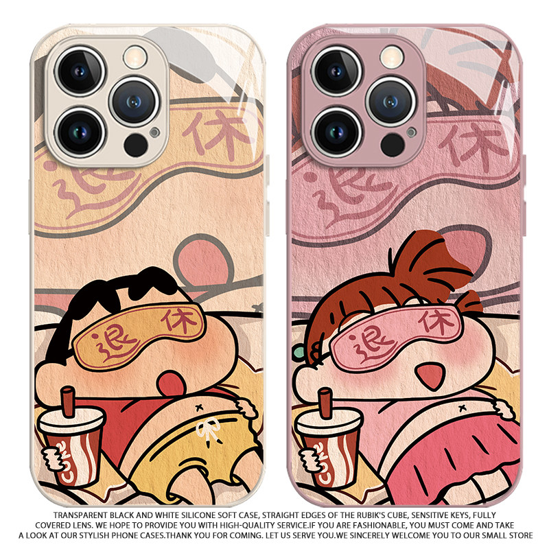 适用苹果17promax手机壳iphone16pro退休睡觉小新15plus新款玻璃14情侣13mini一对12爆款11网红x男女8潮xr/xs