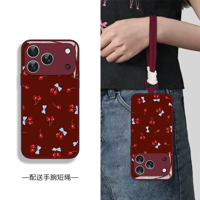复古酒红樱桃蝴蝶结适用于iPhone18promax手机壳苹果17新款18pro液态玻璃15带挂绳14勃艮第红13防摔air保护套