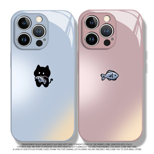适用苹果17promax手机壳iphone16pro创意黑猫抱鱼15plus新款玻璃14情侣一对13mini男女12小众11卡通x/8/xr/xs