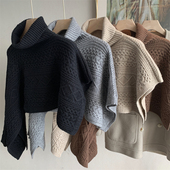 斗篷毛衣披肩女秋冬季 保暖时尚 不规则设计搭肩高领子套头围脖外套
