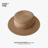 法式 平顶草帽女夏季 防晒遮阳帽优雅平檐度假丝带礼帽草编太阳帽