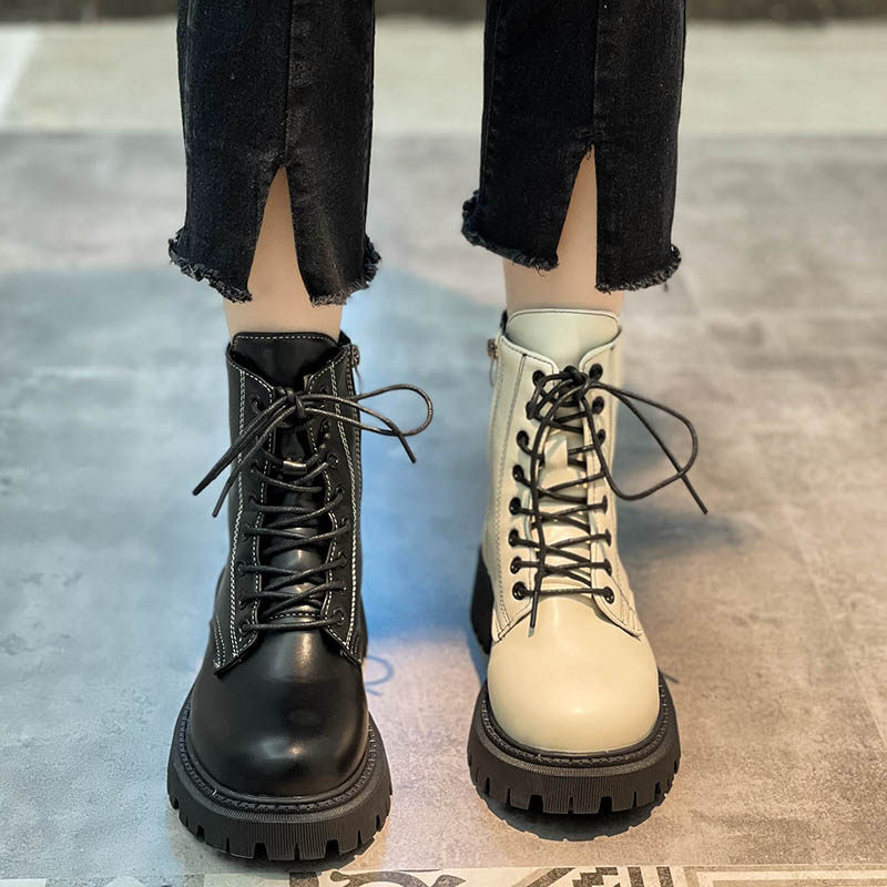 时尚厚底马丁靴女2022年春秋新款侧拉链机车靴英伦风系带短筒单靴