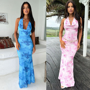 气质收腰长裙潮 新款 亚马逊欧美风网纱印花吊带修身 连衣裙夏季