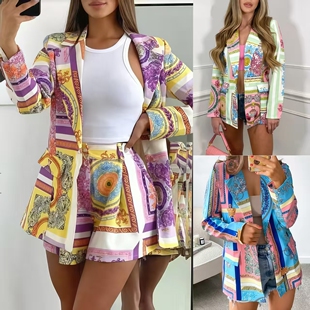欧美风几何印花小西装外套女修身通勤一粒扣短外套时尚