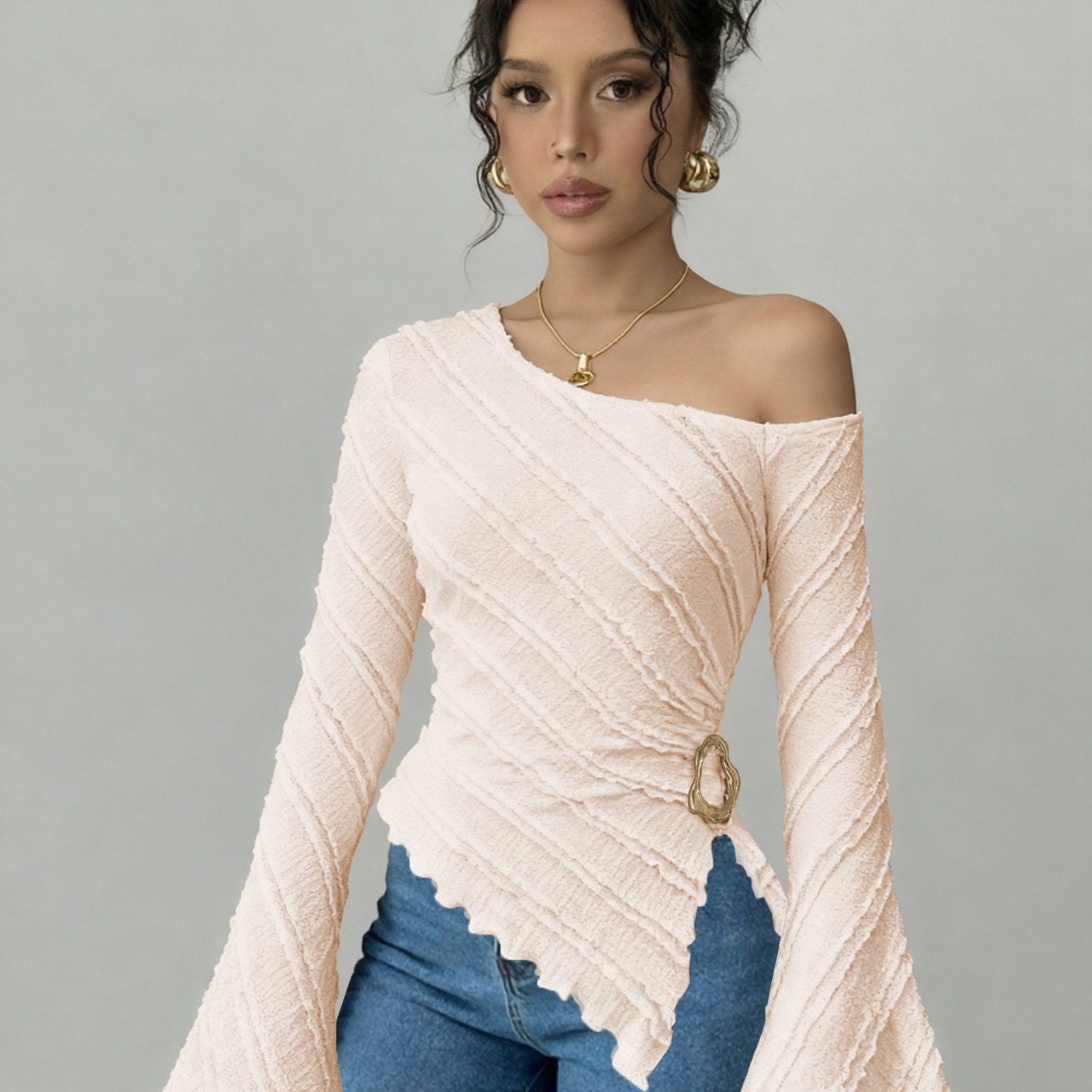 2026斜肩纹喇叭袖不规则收腰衫，通勤日常气质穿搭女士时尚服饰潮,女装/女士精品,衬衫,淘宝优惠券,粉丝福利购,淘宝优惠卷