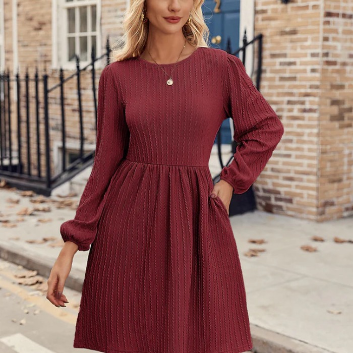 亚马逊独立站热卖秋冬新款女装提花针织圆领泡泡长袖连衣裙潮