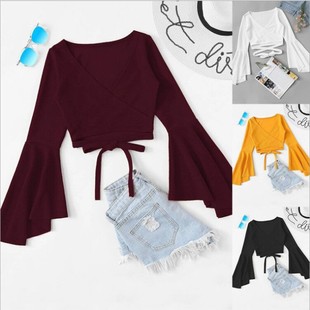 V领露脐长袖 速卖通wish亚马逊ebay喇叭袖 T恤系带上衣 新款 2019秋季