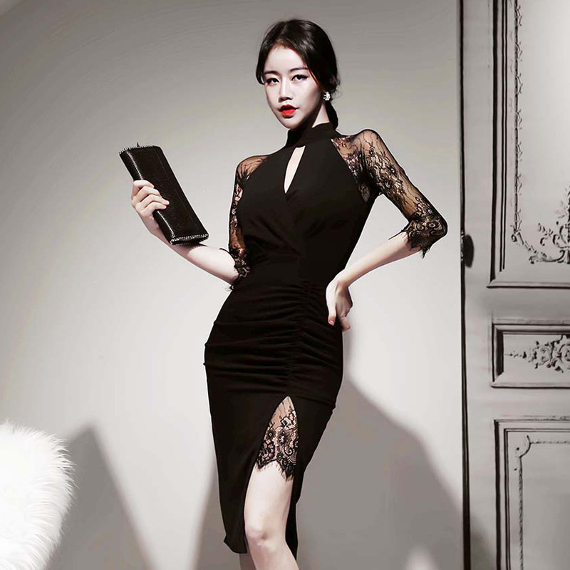 韩版春秋装半高领蕾丝拼接年会礼服裙连衣裙女包臀开衩中裙潮