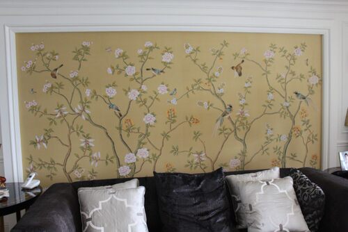 真丝手绘工笔花鸟电视沙发玄关背景丝绸墙壁纸silk wallpaper - 封面