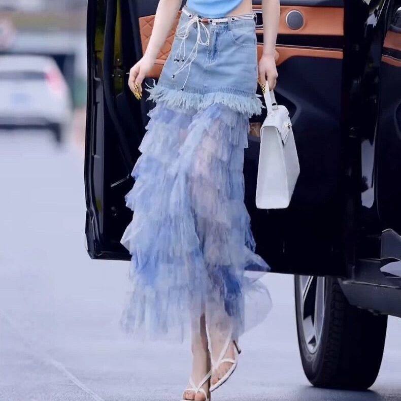 洋气网纱拼接牛仔半身裙女2025夏季新款飘逸显瘦流苏毛边A字裙潮