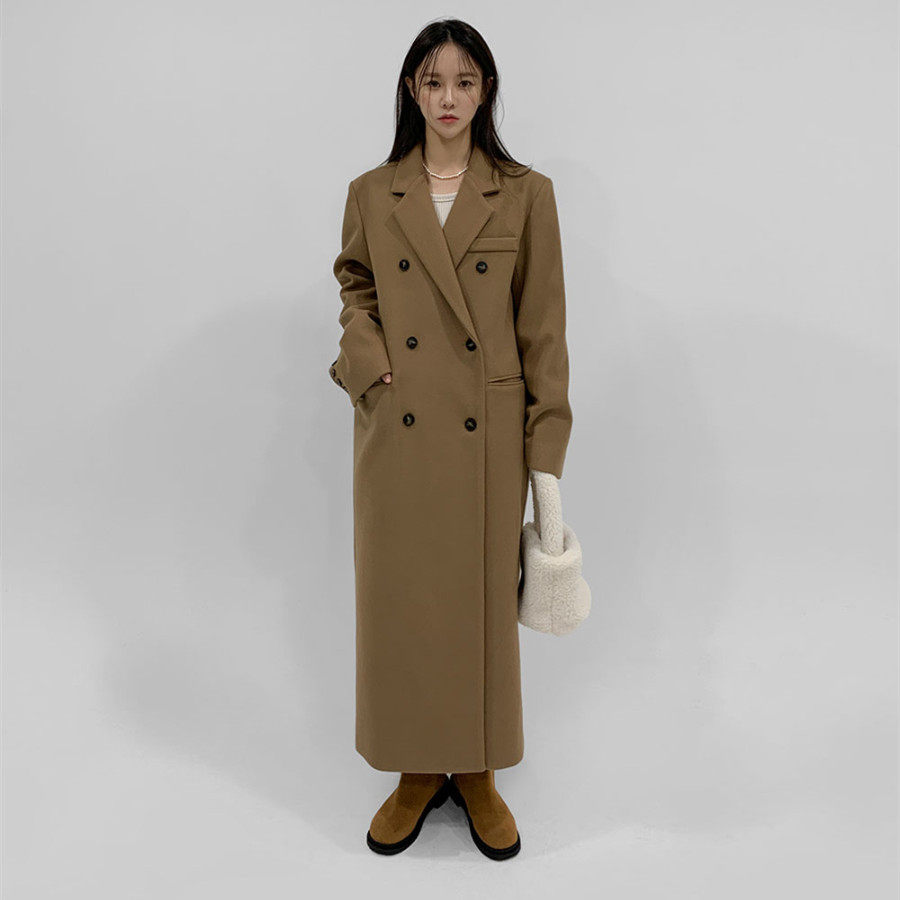 长款到脚踝毛呢外套女韩版直筒 冬季加厚驼色大衣西装领双排扣bf