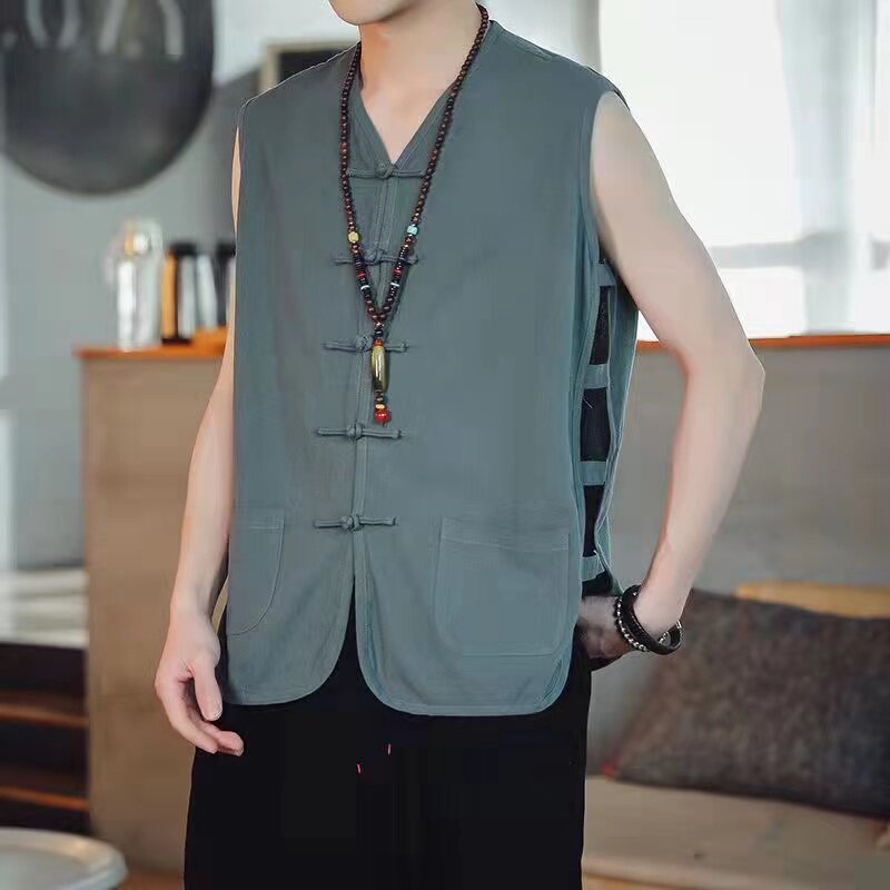 棉麻背心男夏季薄款开衫大码男式马甲老头汗衫复古盘扣国风马褂