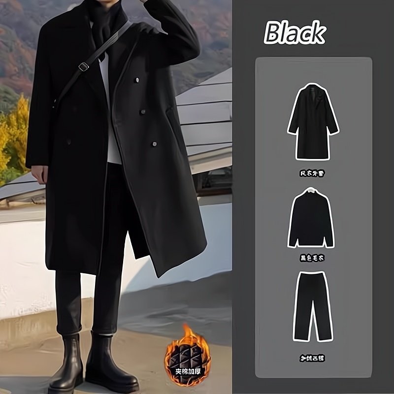 高级感夹棉风衣加厚毛呢大衣男士秋冬套装中长款外套男装一套搭配