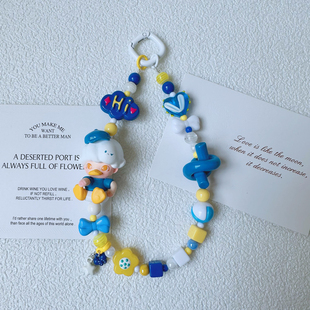 原创迪斯尼Dimoo三个侄儿蓝色琉璃爱心手机链绳结蝴蝶结方块包挂