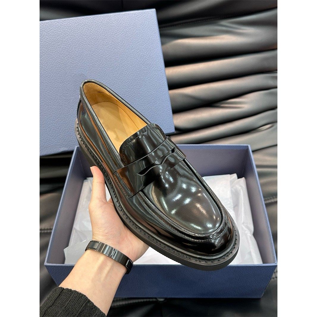 欧洲站潮牌真皮开边珠亮面一脚蹬厚底乐福鞋高端商务休闲皮鞋男士