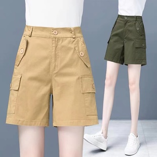 新款 女2024夏季 宽松高腰显瘦薄款 中裤 纯棉工装 妈妈休闲裤 五分短裤