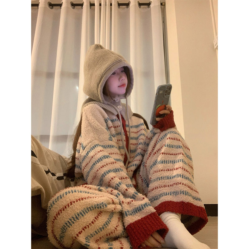 法式复古条纹针织半边绒睡衣女