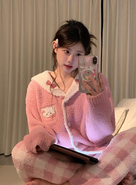 甜美少女风蝴蝶结半边绒睡衣女款